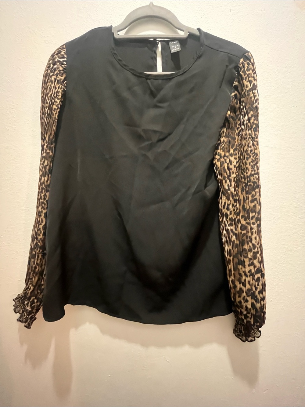 SHEIN Black Blouse with Leopard Print Sleeves